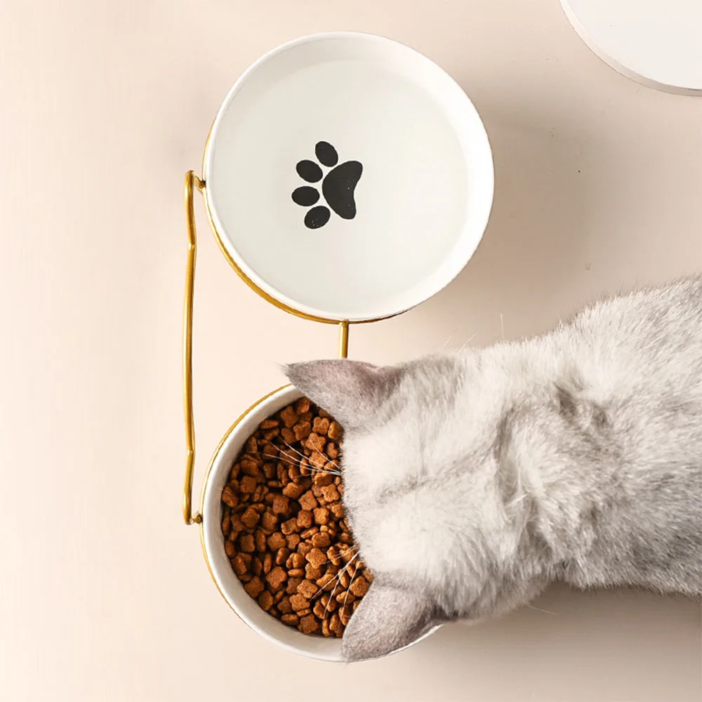 Cat Double Bowl with Stand and Mat Round Dog Metal Elevated Kitten Puppy Ceramic Food Feeding Dish Drinker Water Pet Accessories