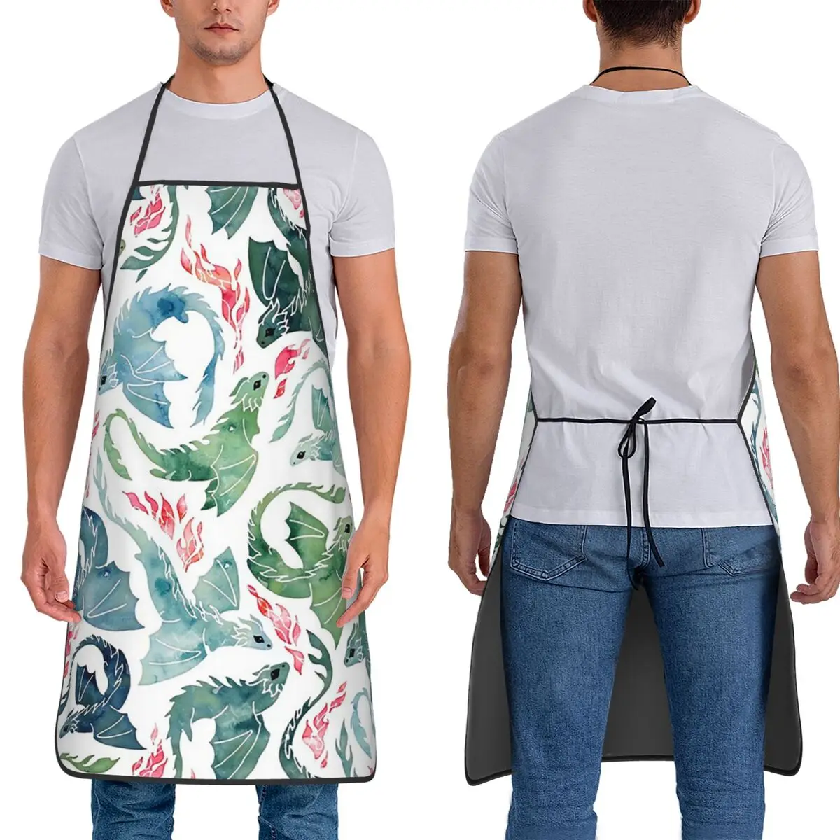 Dragon Fire Blue & Green Apron Chef Cooking Tablier Waterproof Bib Kitchen Cleaning Pinafore for Women Men Gardening