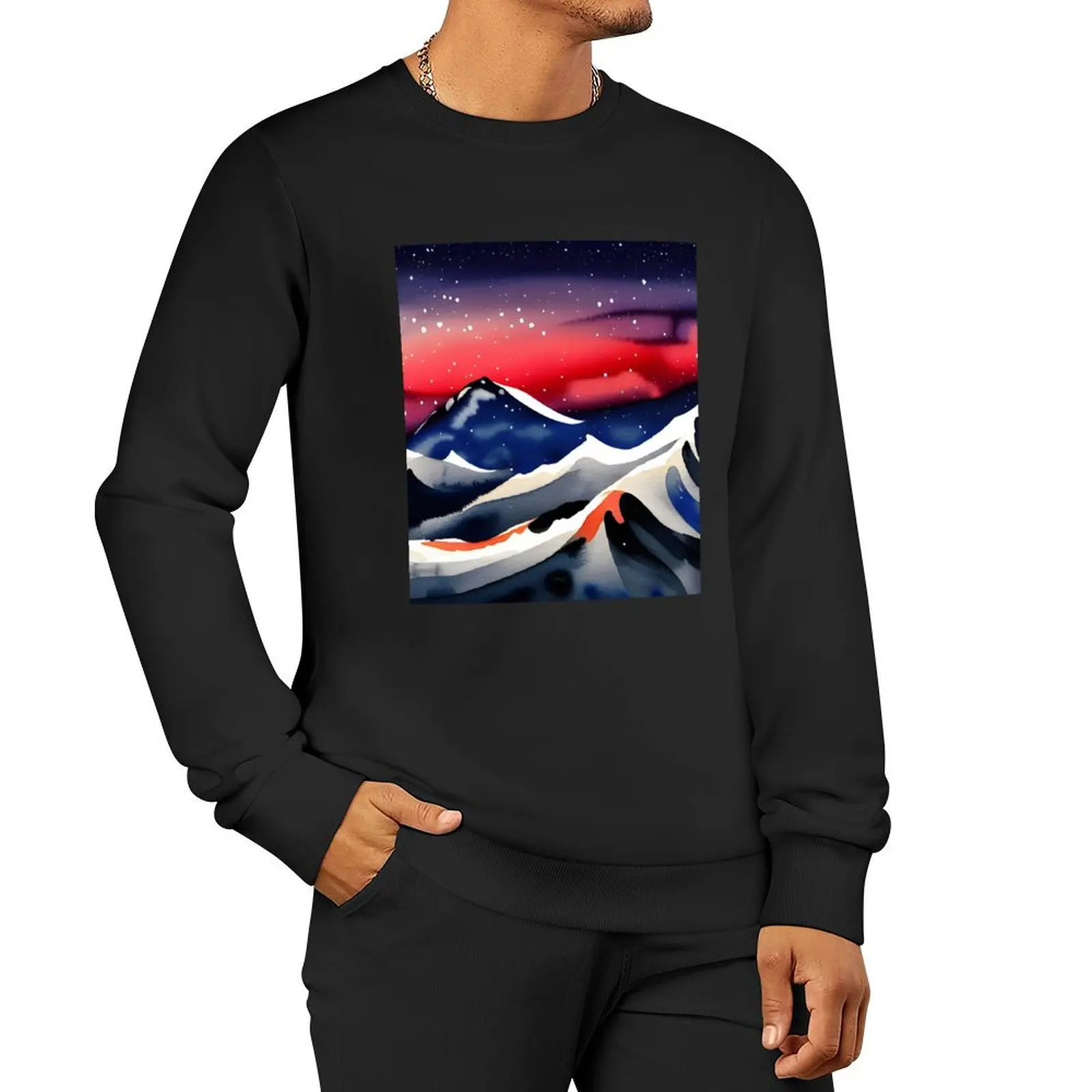 Snowy Mountain Caps Landscape (Watercolor) Pullover Hoodie aesthetic clothing men's winter sweater blouse sweatshirt