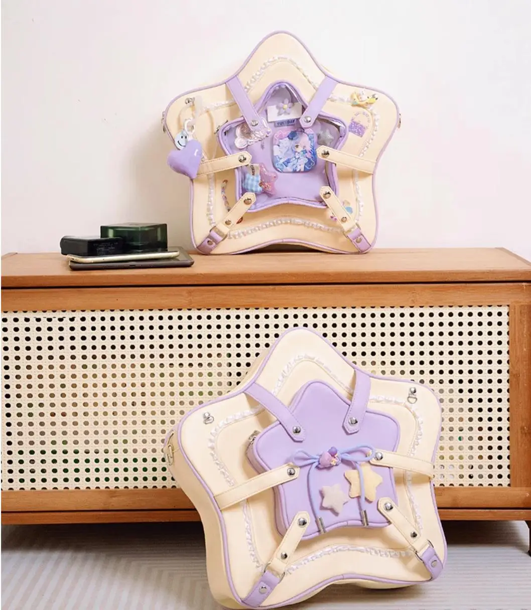 

Оригинальная студенческая сумка желтого, фиолетового кремового цвета контрастного цвета в форме звезды, сумка через плечо для взрослых, милый рюкзак из искусственной кожи с бантом