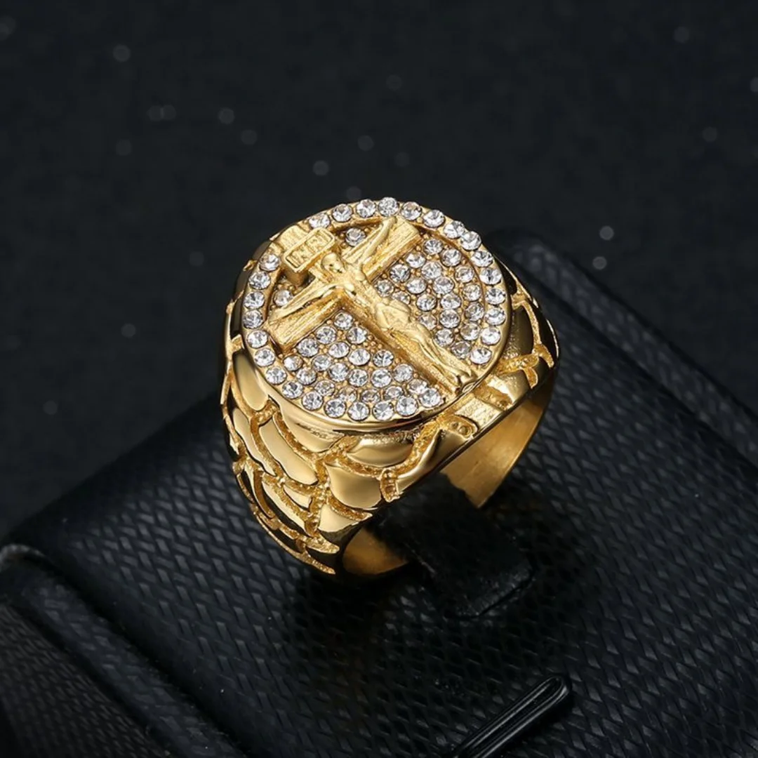Men's Jesus Cross Ring 23mm Chunky Gold Color Stainless Steel Iced Out Crystal Round Crucifix Rings for Man Religious Jewelry