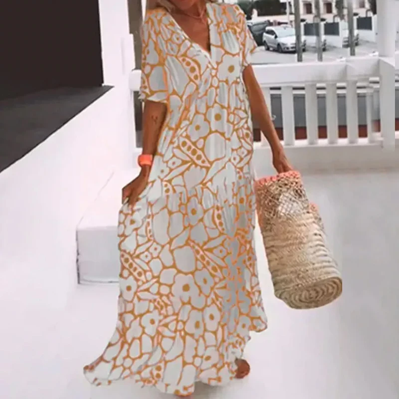 Summer Women's Printed Short-sleeved Dress Fashion Floral V Neck High Waist Loose Maxi Dress Holiday Beach Swing Sundress