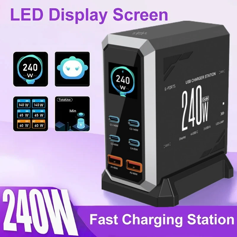 NEW 2026 240W GaN Charger 6-IN-1 140W PD3.1 PPS USB Type C Digital Display Fast Charging Station for Laptops Smartphone