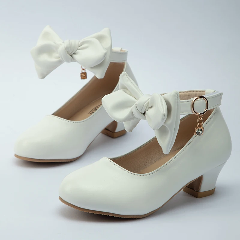 Children Wedding Shoes Gold  White Girl Bow Leather Shoes Spring Autumn Kids Flats Flowers Girls Shoes Size 27-37