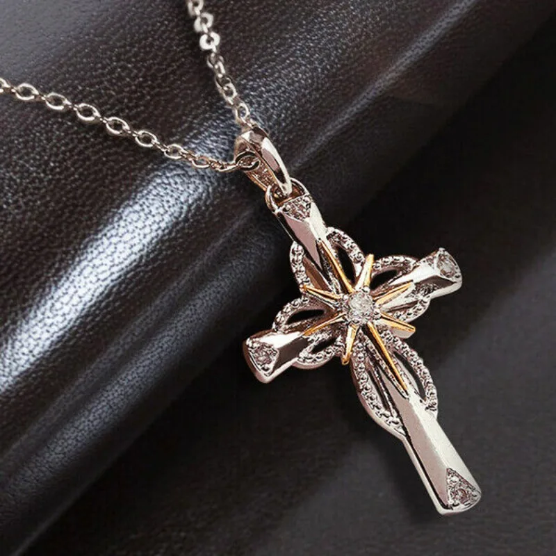 A fashionable silver cross star pendant necklace set with artificial gemstones, suitable for women's jewelry accessories