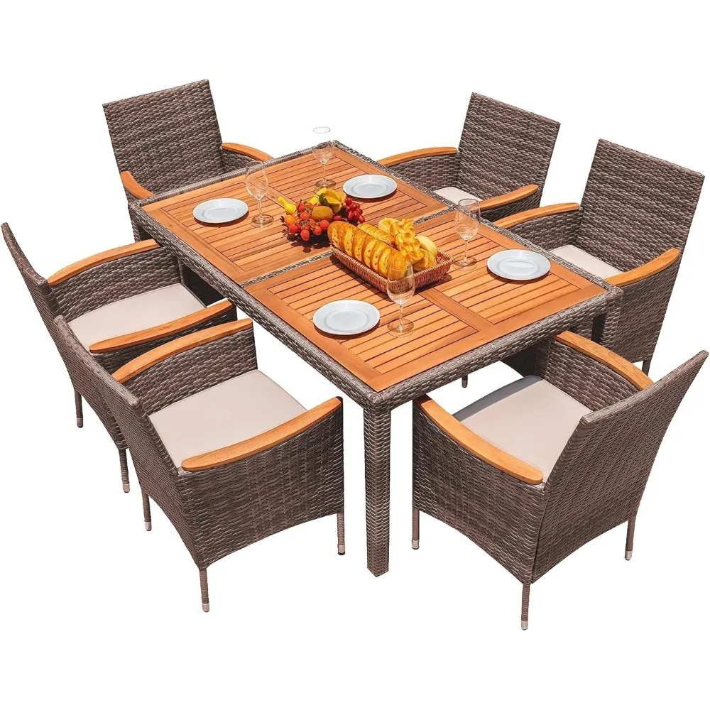 

7 Piece Patio Dining Set Outdoor Acacia Wood Table and Chairs with Soft Cushions Wicker Patio Furniture for Deck, Backy