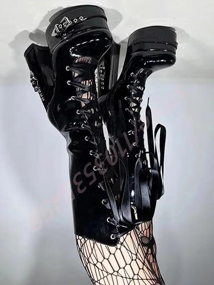 

Platform Belt Buckle Lace-Up Motorcycle Boot 2025 New Street Punk Round Patent Leather Thick High Heels Fashion Party Calf Boots
