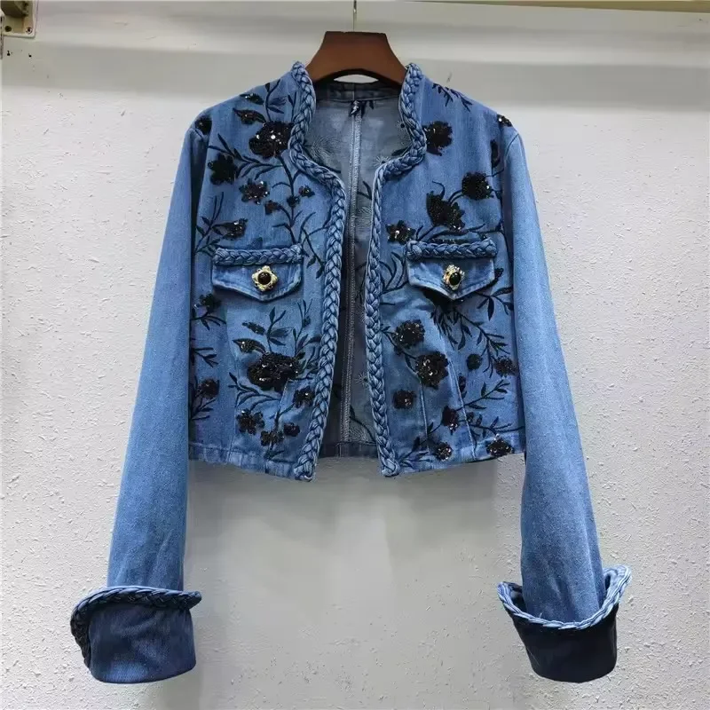 Pop Pop 2025 New Fashion Irregular Neck Buttonless Embroidered Sequined Flower Denim Jacket Women's Long Sleeve V-Neck Jeans Coa