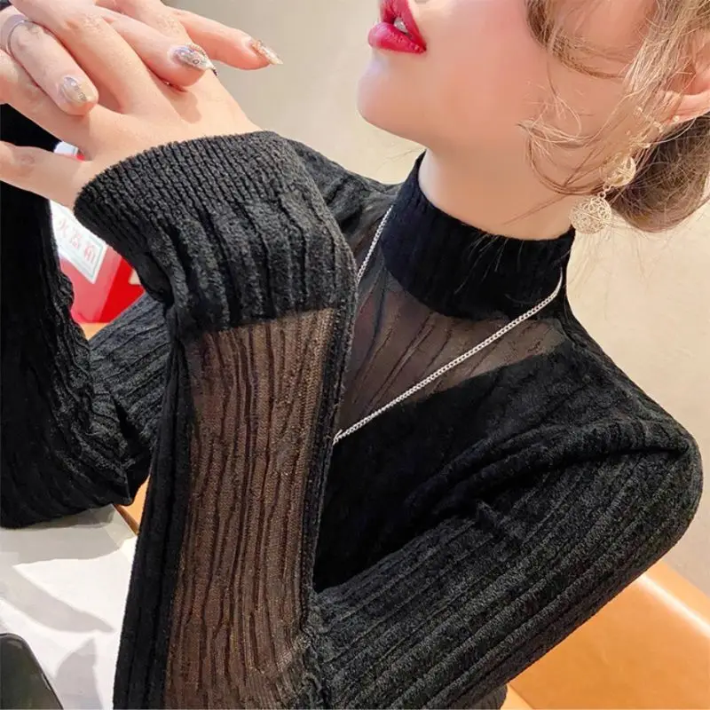 2023 Autumn/Winter New Lace Half High Neck Long Sleeve Underlay Solid Color Comfortable Leisure Office Lady Slim Knit Top