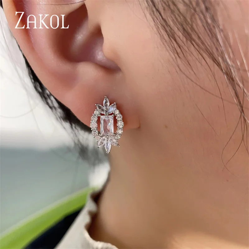 ZAKOL Sparking Cubic Zircon Earrings Necklace Bracelet Set for Women Bridal Wedding Dress Dinner Jewelry Set SP462