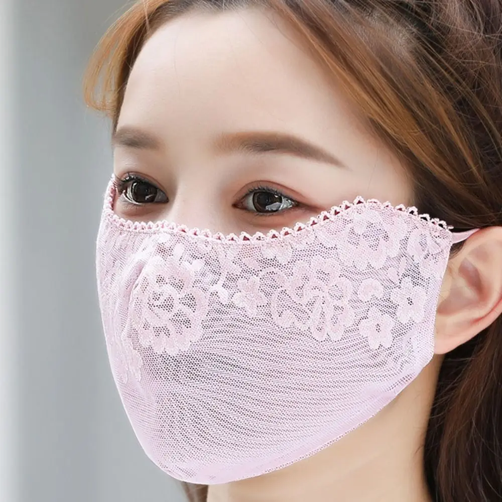 Thin Solid Color Sunscreen Lace Mask Flower Sunshade Sunscreen Face Cover Adjustable Strap Hanging Ear UV Protection Mask Sports