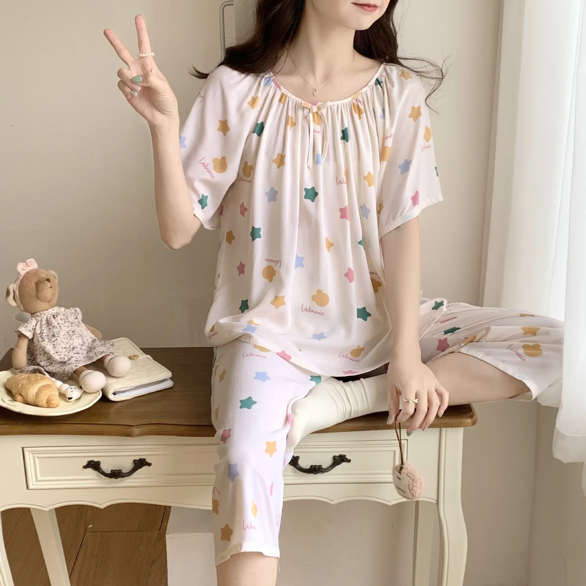 floral print satin pajama sets 2 piece pants trouser ruffled lady outfit lounge women pijama sleepwear pajama nightwear pyjama