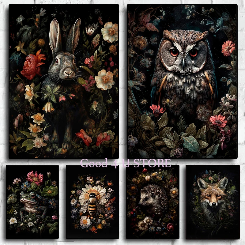 Vintage Dark Academia Floral Woodland Butterfly Bee Rabbit Botanical Animals Poster Canvas Painting Wall Art Pictures Home Decor