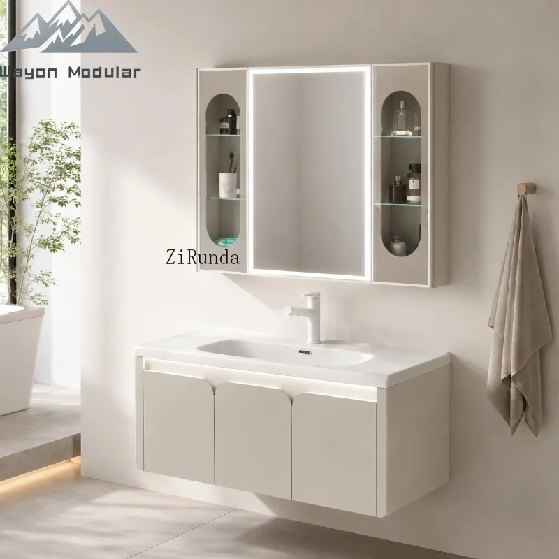 Modern cream wall-mounted bathroom sink sensor light mirror cabinet deep ceramic basin I board hotel use