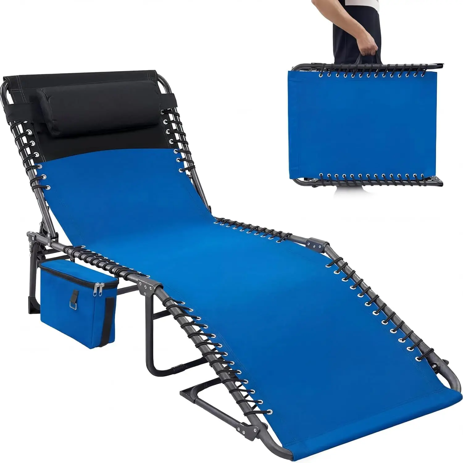 Chaise Lounge Chair,5-Position Adjustable Folding Lounger with Carry Handle & Side Pocket,Lounge Cot with Removable Pillow