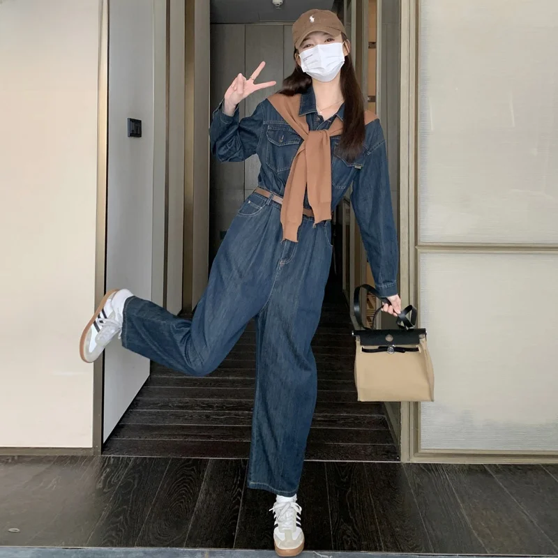 

Faionable Workwear Denim Overall Pants for Women High Waist Long Trousers Set Korean Sle Commute High Quali Autumn New