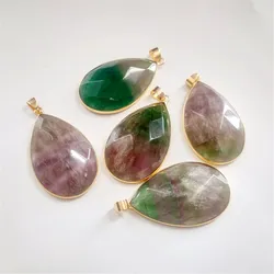 FUWO Wholesale Natural Fluorite Pendants,Golden Plated Bezel Rainbow Crystal Water Drop Accessories For Jewelry Make 5Pcs PD188