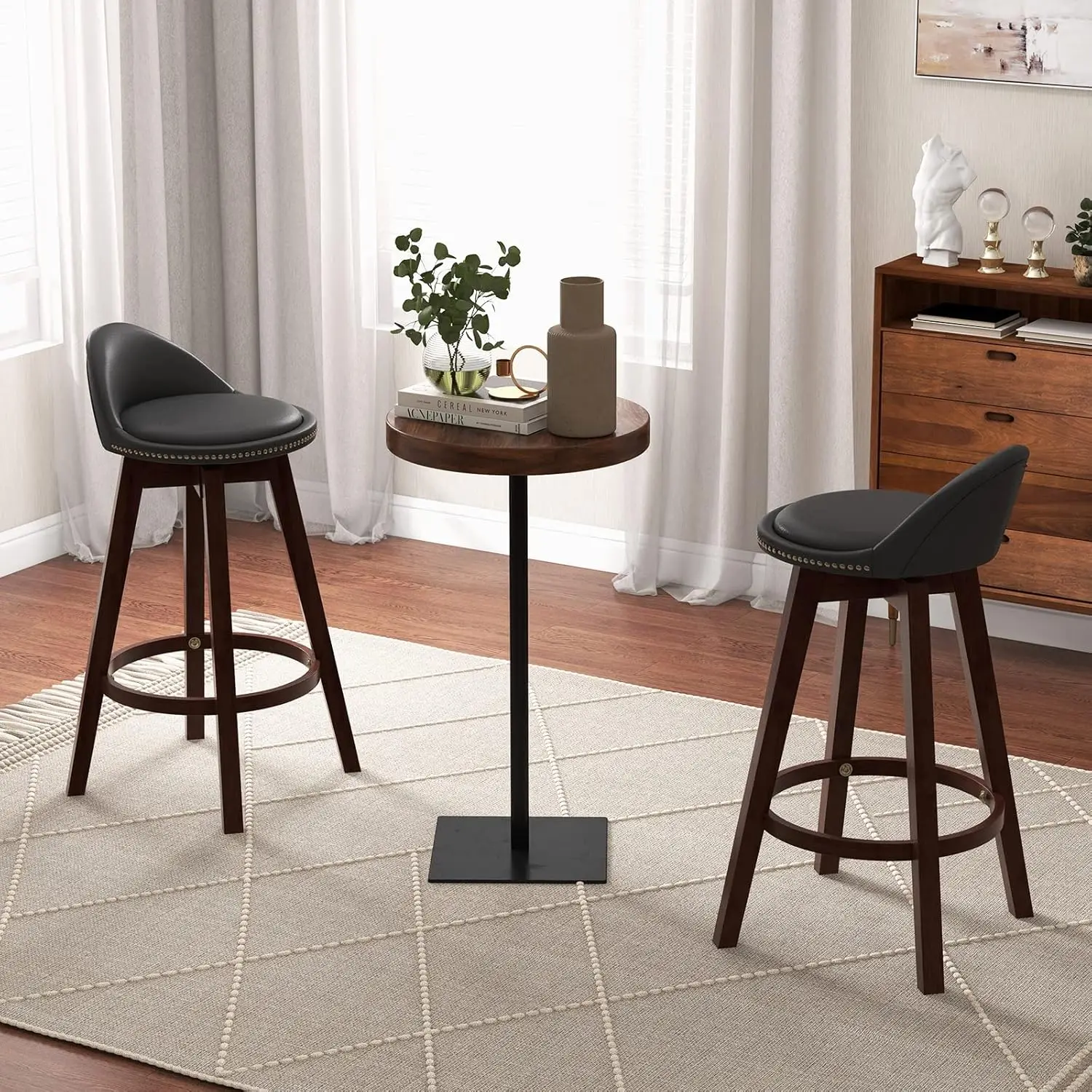 

29" Bar Stools Set of 2, Swivel Bar Height Stools with PVC Leather Cover, Rubber Wood Legs, Cushioned Seat