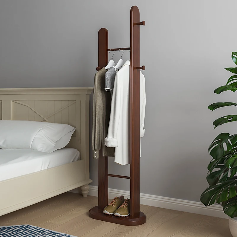 All solid wood coat rack ins wind belt wheel movable bedroom bedside hanger floor clothes rack simple American style