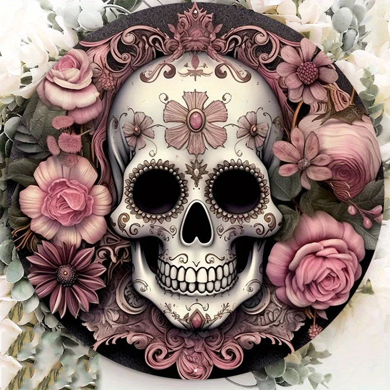 Dark Gray and Black Aluminum Metal Sign, Sugar Skull Wreath Attachment with Floral Pattern, Wall Art, Home Decor, 8x8Inch, 1Pc