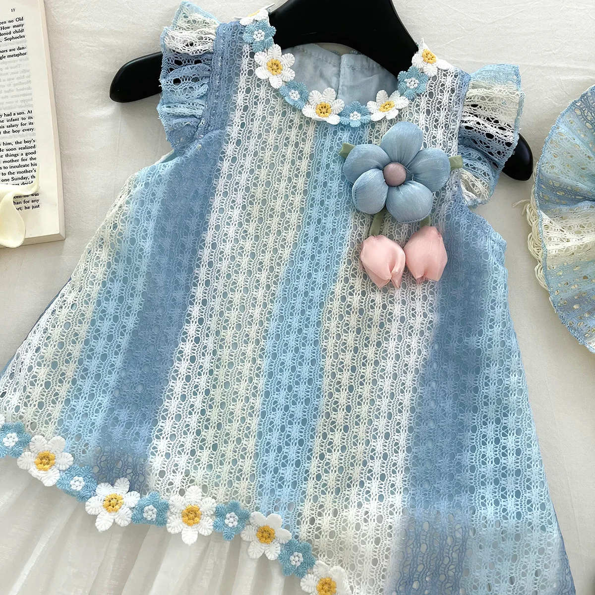 

Летнее платье + шапка, детская одежда для дня рождения, Vestidos, От 2 до 10 лет, 2025 год, модный топ для девочек с 3D цветами, вязаный без рукавов