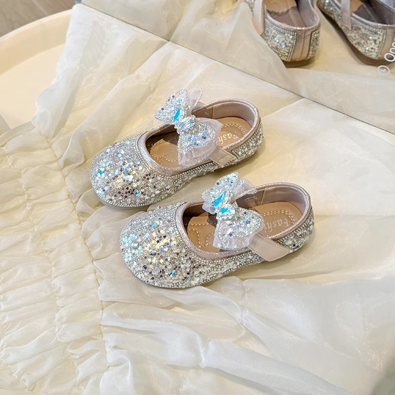 Children\'s Summer Fashion Sequined Shoes Girls Cute Rhinestone Pearl Bowknot Princess Shoes Wedding Shoes Flat Heel Sandals