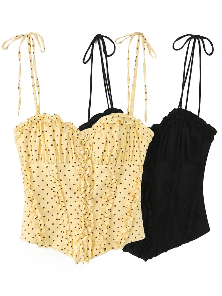 HH 2 Colors Polka Dot Ruffle Corset Crop Cami Summer Self Tie Spaghetti Strap Front Button Slim Vest Women Date Beach Top