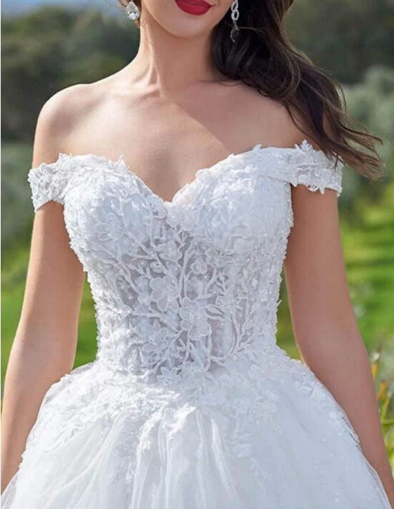 100% Real Photos Off-Shoulder Sweetheart Short Sleeve Backless Ball Gown Wedding Dress Elegant 2020