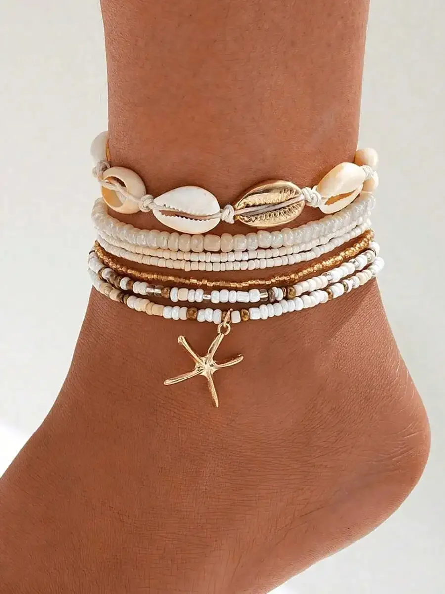 7pcs Boho Style Seed Bead, Shell, Starfish Decor Anklet Set For Women Girls, Beach Summer Vacation Party Wear Accessories view 2