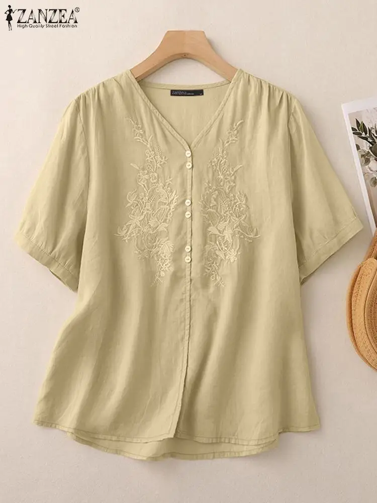 ZANZEA Vinatge Floral Embroidery Blouse Women Summer Tops Casual V Neck Short Sleeve Cotton Shirt Loose Party Work Blusas Mujer