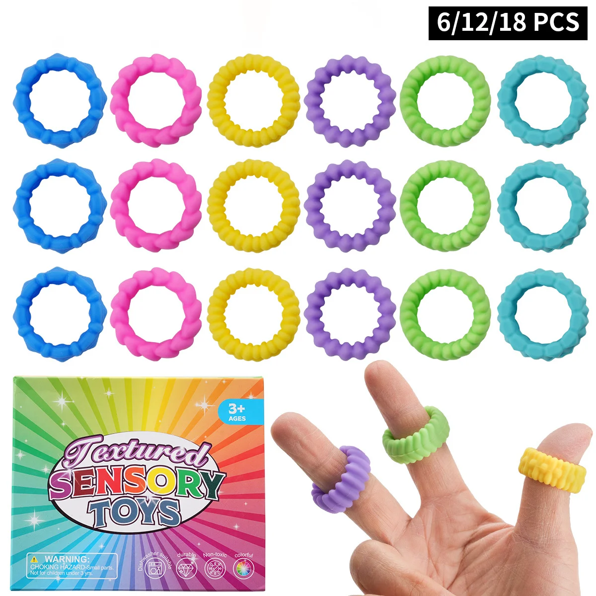 

6 12 18PCS Anxiety Ring Sensory Fidget Toys Set Stress Relief Finger Rings Tactile Stimulation Autism ADHD Calming Pocket Fidget
