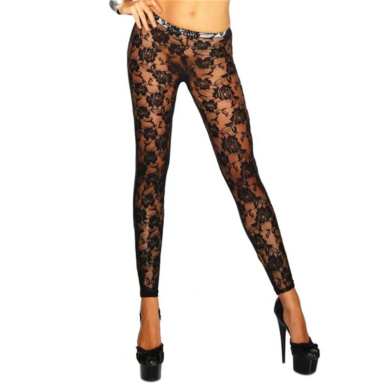 

Womens Black Rose Vine Sheer Stretchy Floral Lace Leggings Tight Pencil Pants