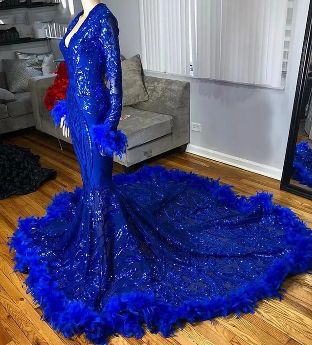 Abiti da sera a sirena a maniche lunghe trasparenti aso ebi ragazze nere africane abito da ballo lungo con paillettes blu Royal 2022 con piuma