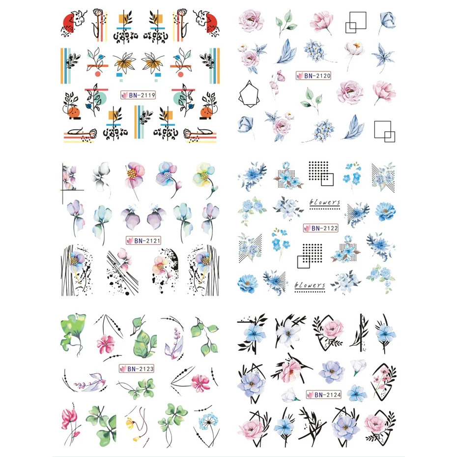 12pcs Geometry Flower Leaf Nail Stickers Line Graffiti Painted Colorful Water Decal Link Blooming Slider for Nail Decoration