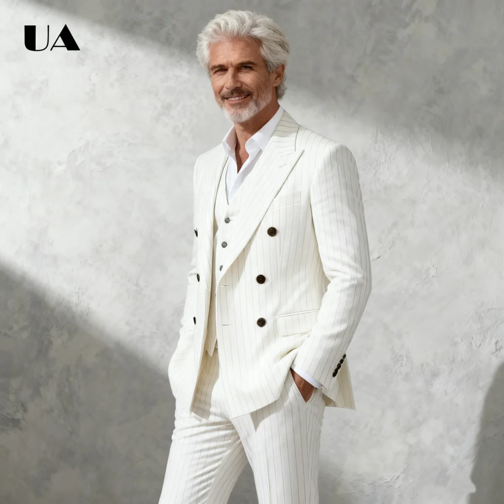 

Double Breasted Stripe 3-Piece Suit Set (Jacket Vest Trouser) Plus Size Avaliable Tailored Formal Tuxedo Business Slim Fit Tux