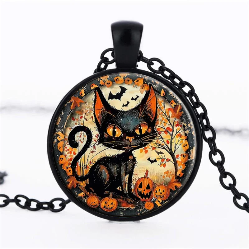 Punk Happy Halloween Necklace Black Cat Bat Witch Glass Dome Pendants Necklaces All Saints' Day Gifts