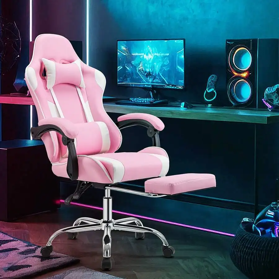Ergonomic Gaming Chair With Lumbar Support & Footrest, PU Leather Lounge Chair With Adjustable Headrest & Fixed Armrests, 360° R