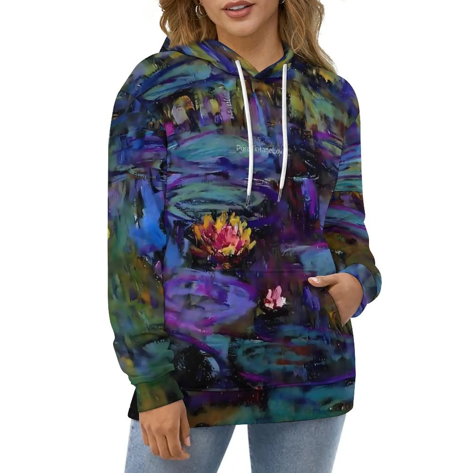 Painting Print Casual Hoodies Monet Water Lilies Elegant Design Loose Hoodie Autumn Long Sleeve Harajuku Oversized Clothes