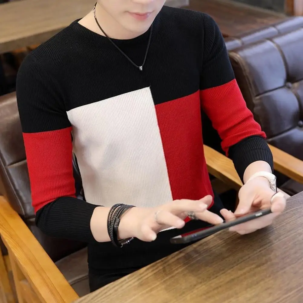 

Breathable Knitted Sweater Men Slim Fit Sweater Stylish Colorblock Men's Sweater Knitted Slim Fit Soft Warm for Fall/winter