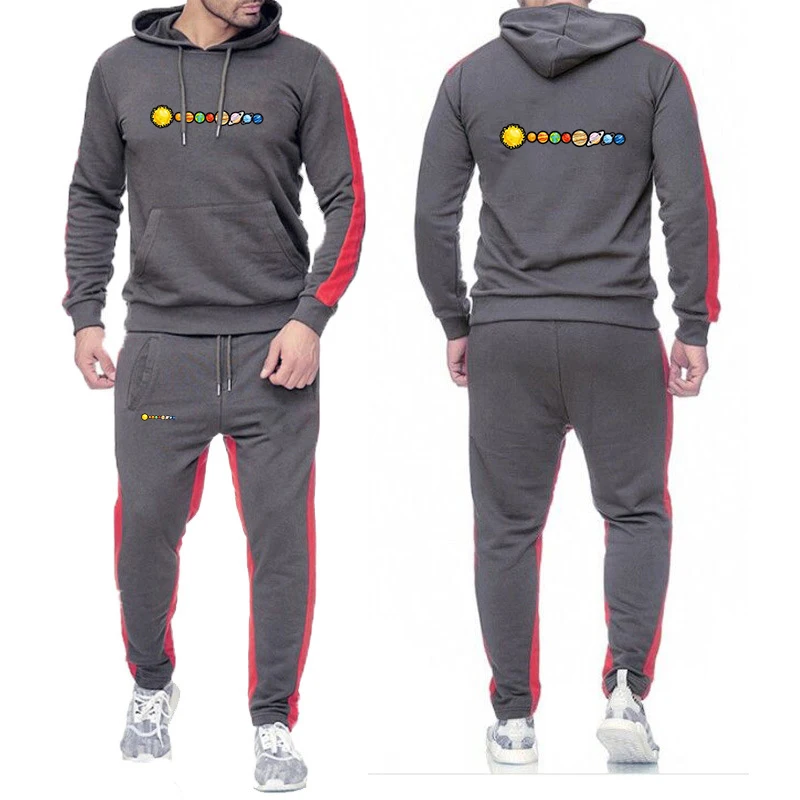

2025 Spring And Autumn Solar System Planets Print Men Solid Color Long Sleeve Sports Hoodies+Sweatpants Casual Suit