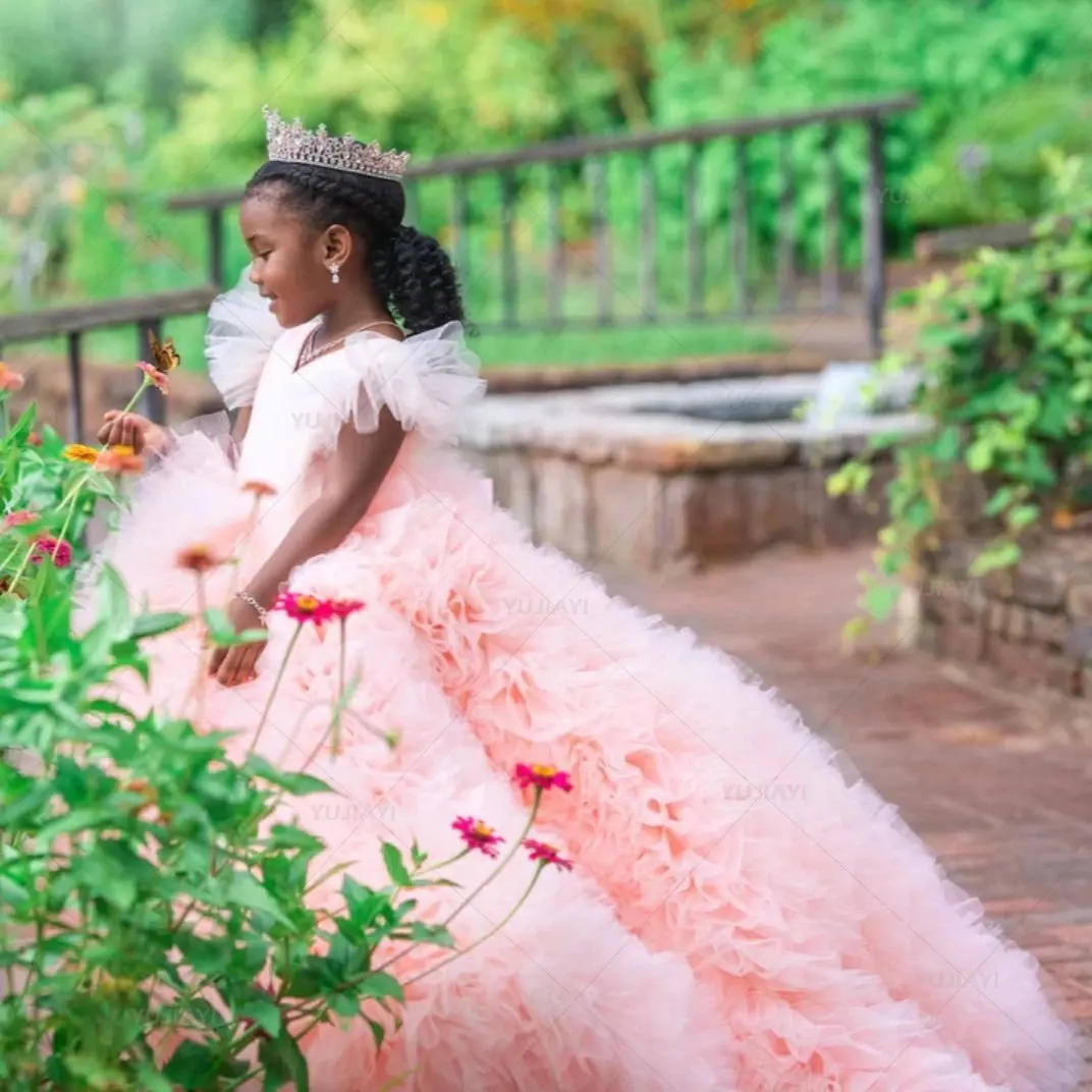 Luxus rosa Blumen mädchen Kleider für Hochzeit gestufte Rüschen Röcke Baby party Fotoshooting Kleid Prinzessin Geburtstags feier Ballkleid