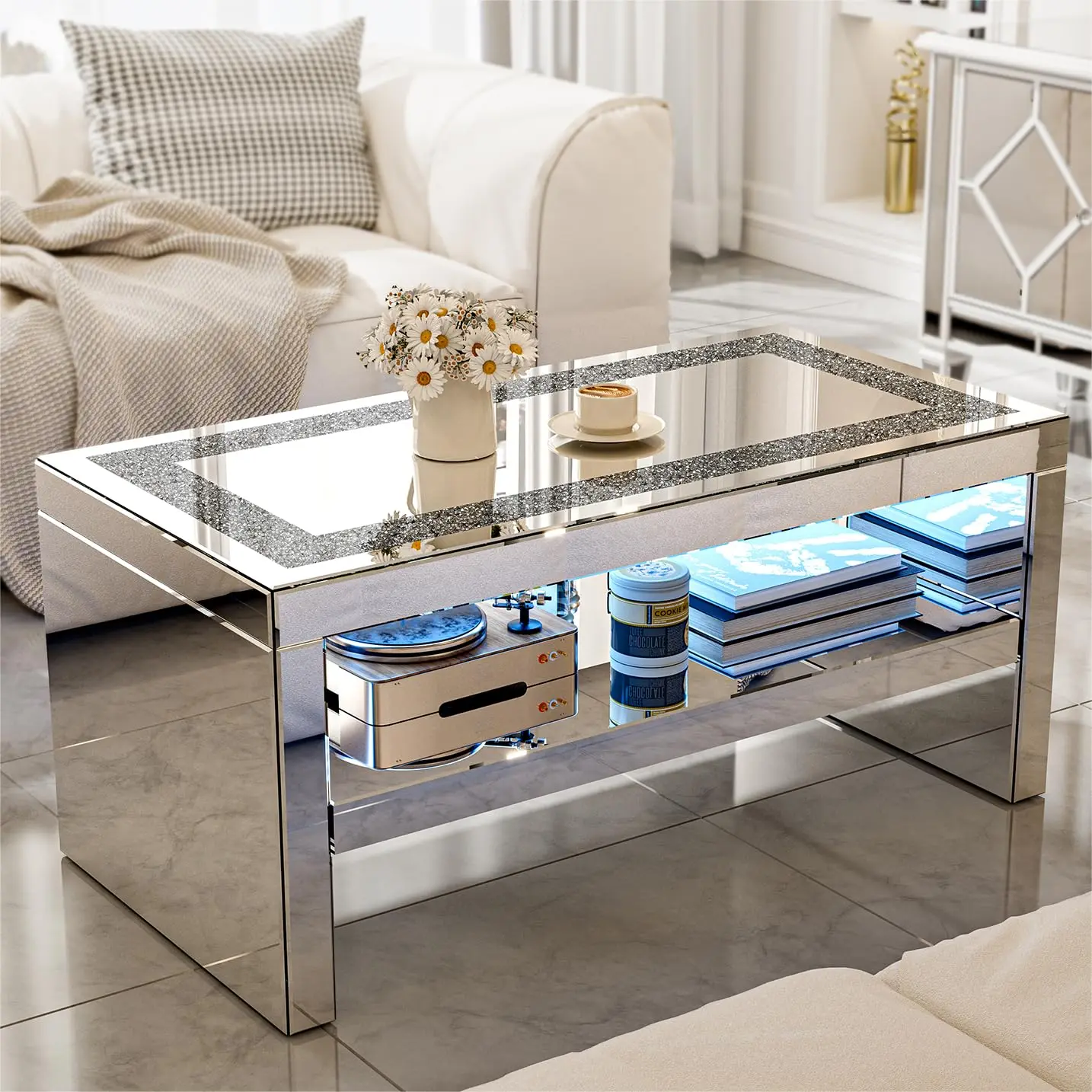 Mirrored Glass Coffee Table with Crystal Board 2 Tier Rectangle Living Room Bedroom, Customized