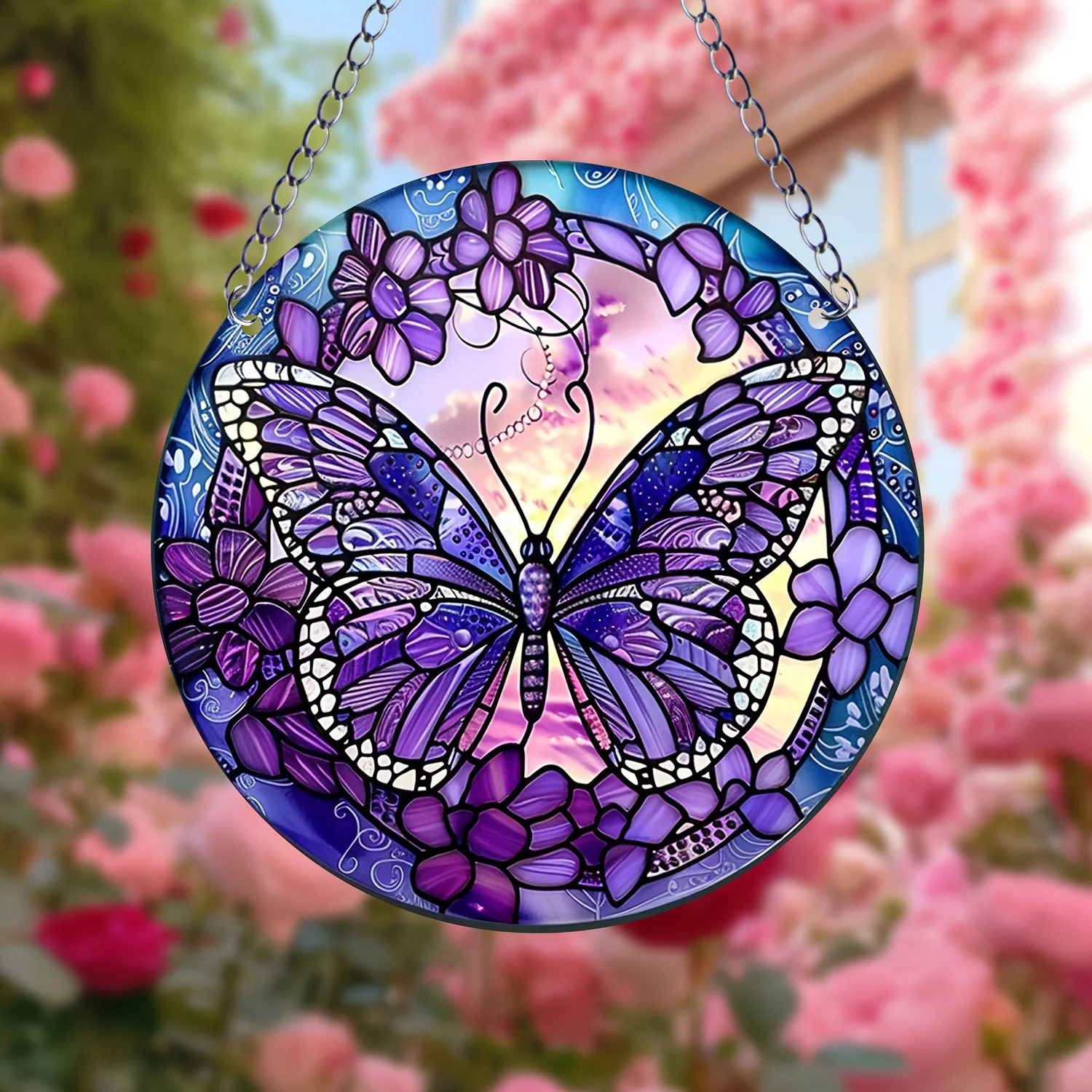 1pc Butterfly Suncatcher Stained Window Hanging Acrylic Round Wreath Sign Yard Garden Home Room Decoration