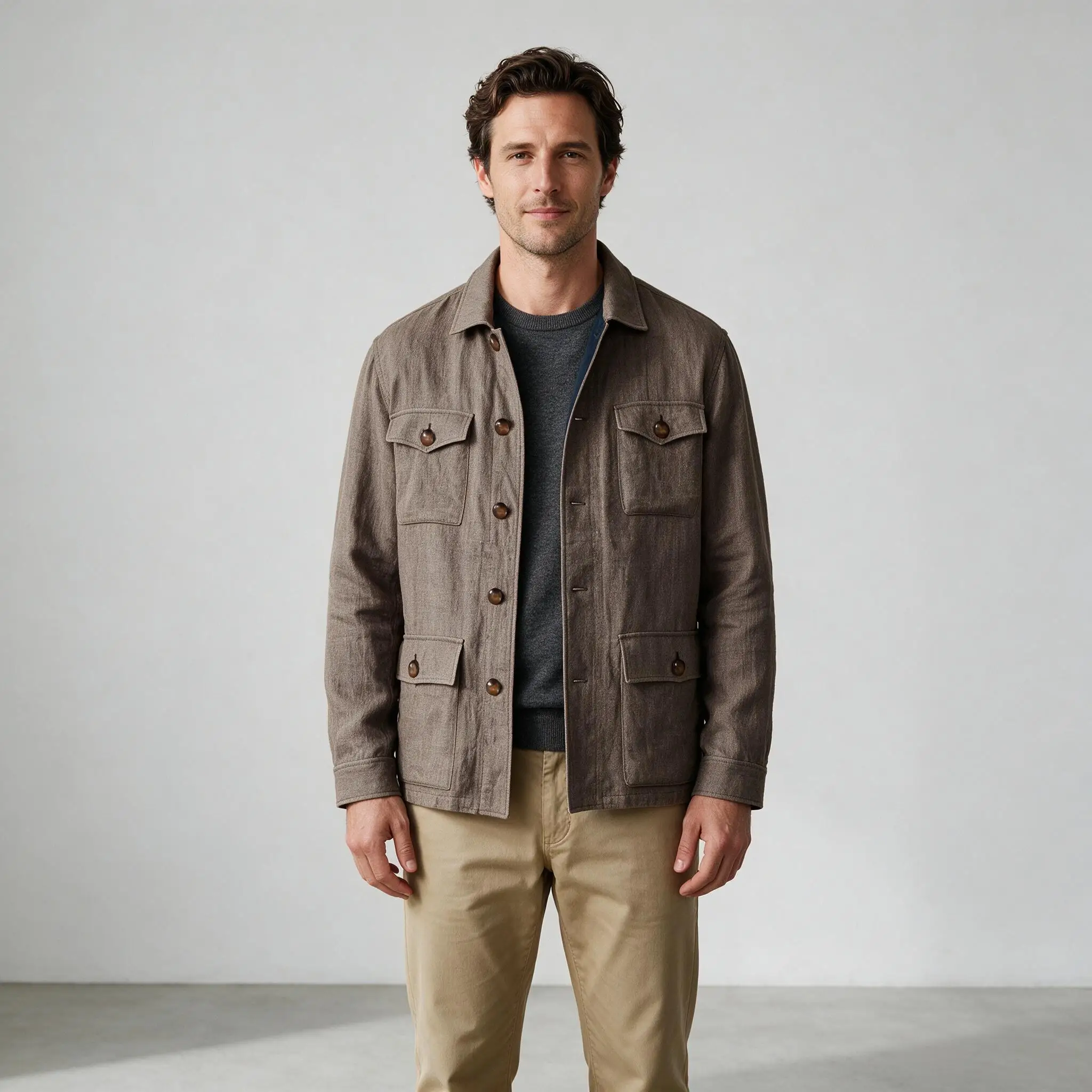 Men Linen Safari Jacket Lapel Collar Multi Pockets Button Down Casual Work Coat Daily Outdoor Outerwear