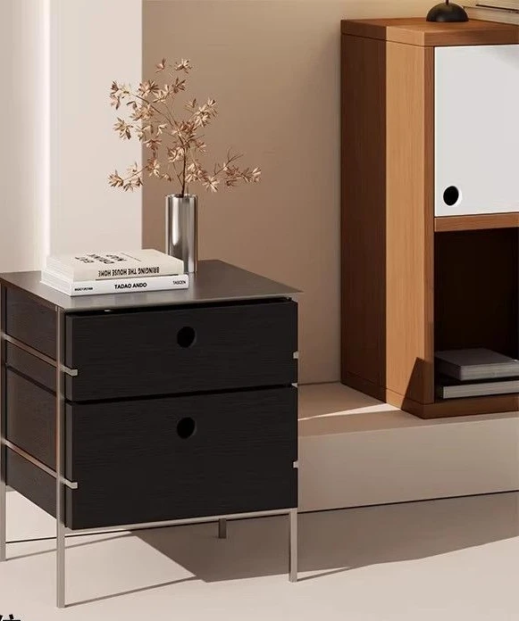 Blank small apartment solid wood stainless steel chest of drawers bedroom bedside table