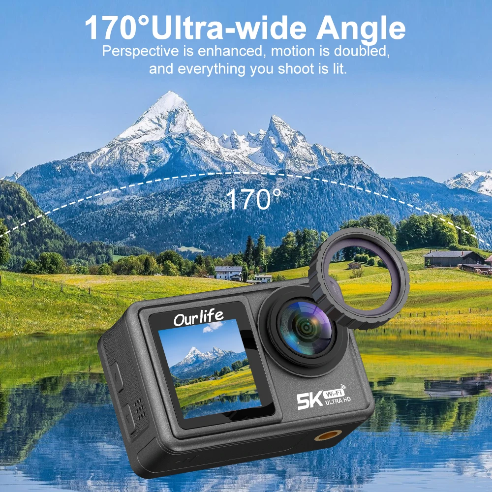 Kamera Aksi Ourlife 5K30FPS EIS 2.0 Inci IPS Layar Ganda 30M Tahan Air WiFi 5X Zoom Helm Kamera Olahraga dengan Remote Control