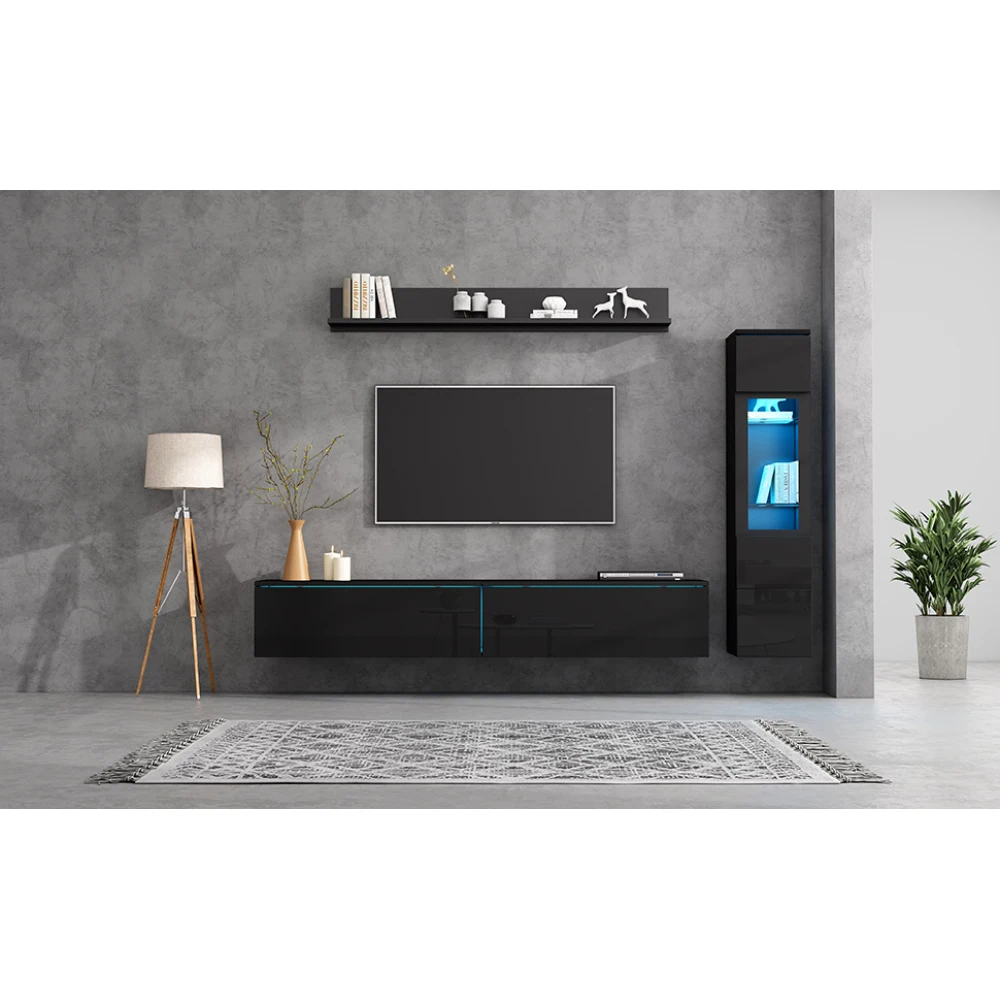 3-teiliges TV-Wohnzimmer-Wandset mit LED-Beleuchtung, Hochglanz-Möbelset, TV-Schrank, Vitrine und Hängeregal, für Fernseher bis zu 80 Zoll – Detail 10