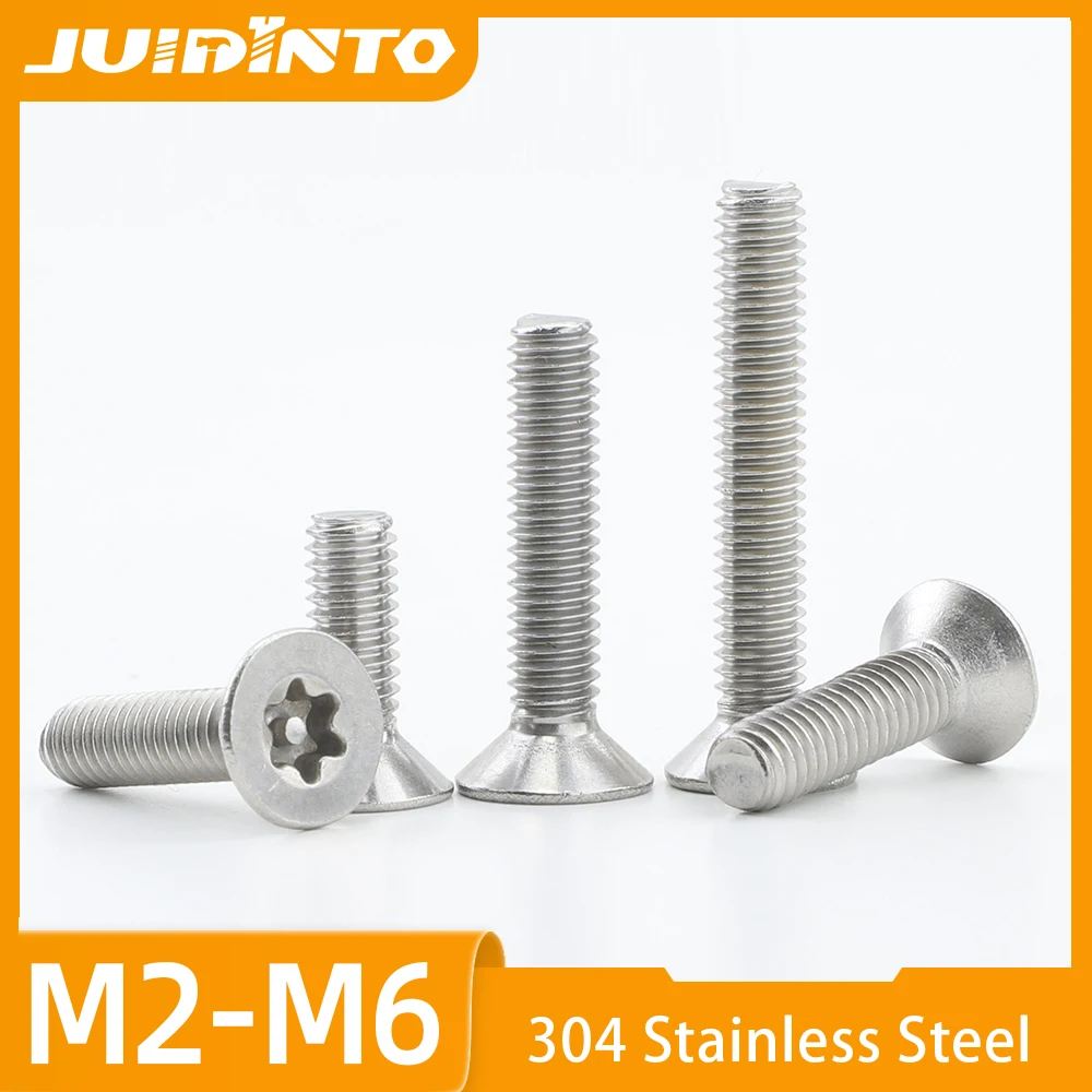 JUIDINTO 5-50pcs Torx Flat Head Screws with Pin 304 Stainless Steel Torx CSK Head Tamper-proof Security Screws M2 M3 M4 M5 M6 M8