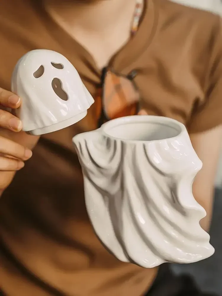 Funny Ghost Ceramic Mug Hollow Cup Lid,Hidden Cup Handle Design for Office School Niche Coffee Cup,Holiday Fun Gift Boyfriend