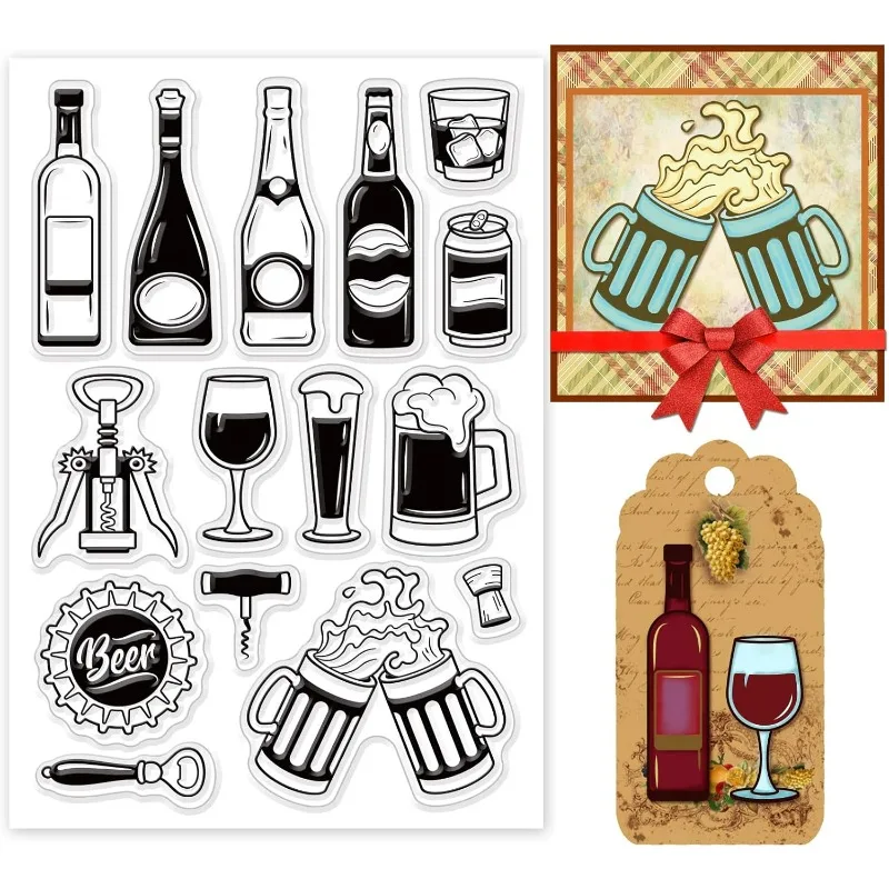 Drink Pattern Clear Stamps,Wine/Bottle Opener Transparent Rubber Stamps for DIY Scrapbooking Stamps Embossing Card Making